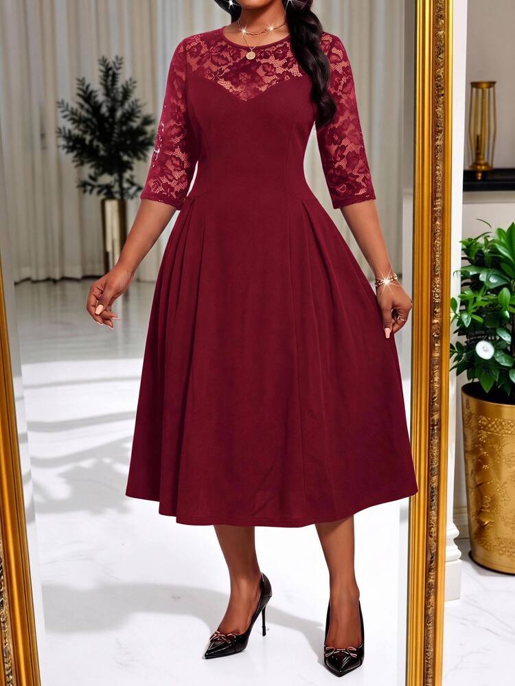 SHEIN Lady CURVE Plus Size Women's Lace Patchwork Casual Elegant Party Cocktail Formal Travel Dress Burgundy Summer Christmas - Burgundy - View 3