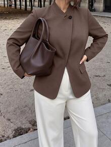 Easura Dark Gray Chinese Asymmetric Button Stand Collar Blazer, Slim Loose Plus Size Suit Coat For Office C - Mocha Brown - View 4