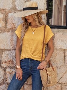 EMERY ROSE Của phụ nữ Ngắn tay Áo thun Áo sơ mi Với Nút at Hem - Màu vàng - Xem 1