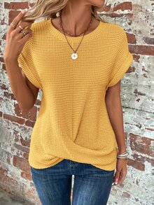 EMERY ROSE Của phụ nữ Ngắn tay Áo thun Áo sơ mi Với Nút at Hem - Màu vàng - Xem 4