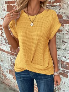 EMERY ROSE Của phụ nữ Ngắn tay Áo thun Áo sơ mi Với Nút at Hem - Màu vàng - Xem 3