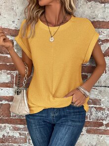 EMERY ROSE Của phụ nữ Ngắn tay Áo thun Áo sơ mi Với Nút at Hem - Màu vàng - Xem 6