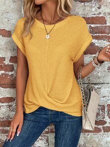 EMERY ROSE Của phụ nữ Ngắn tay Áo thun Áo sơ mi Với Nút at Hem - Màu vàng - Xem 7