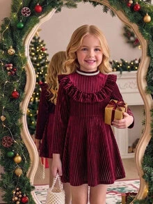 SHEIN Young Girl Knit Solid Color Stand Collar Ruffle Hem Casual Beaded Dress - Multicolor - View 4