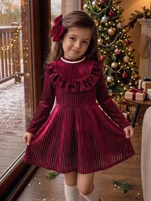 SHEIN Young Girl Knit Solid Color Stand Collar Ruffle Hem Casual Beaded Dress - Multicolor - View 2