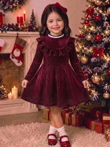 SHEIN Young Girl Knit Solid Color Stand Collar Ruffle Hem Casual Beaded Dress - Multicolor - View 3
