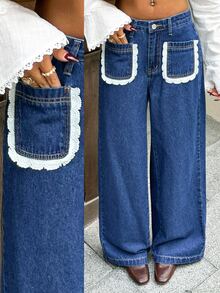 Rivivi Women's Contrast Lace Pocket Design Wide Leg Loose Casual Denim Jeans,Fall/Winter,Christmas Outfit For Women,Party - Blue - View 10