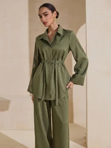 Graceveil 2pcs Set: Solid Color Shirt Collar Metal Decor Belt, Loose Elegant Casual Modest Everyday Wear For Women Office Formal Graduation Olive Green Winter - Army Green - View 1