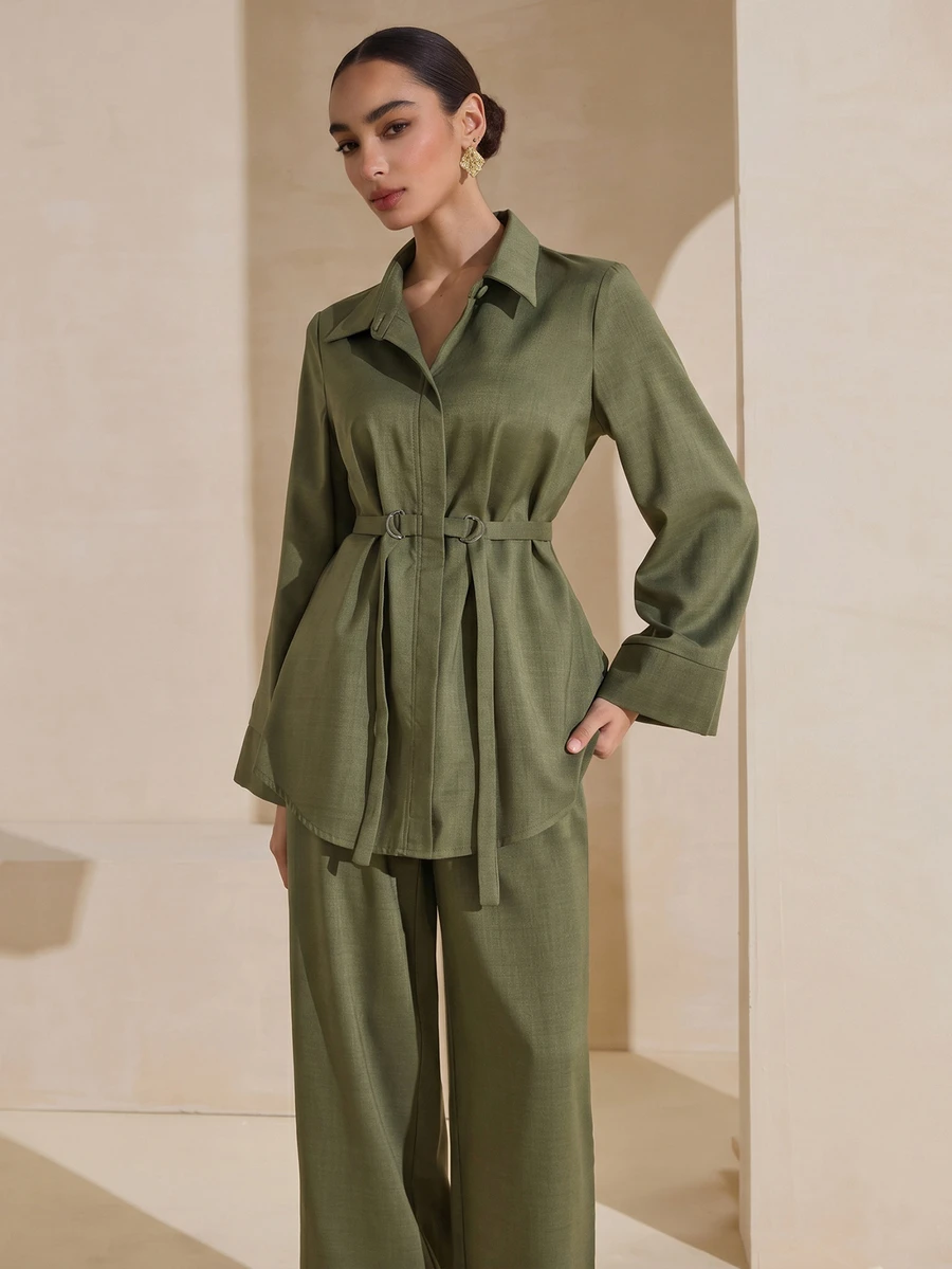 Graceveil 2pcs Set: Solid Color Shirt Collar Metal Decor Belt, Loose Elegant Casual Modest Everyday Wear For Women Office Formal Graduation Olive Green Winter - Army Green - View 1