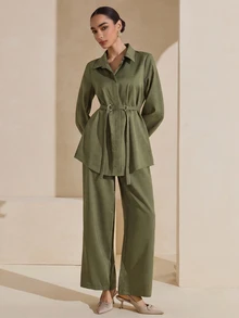Graceveil 2pcs Set: Solid Color Shirt Collar Metal Decor Belt, Loose Elegant Casual Modest Everyday Wear For Women Office Formal Graduation Olive Green Winter - Army Green - View 5