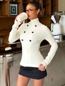 Muchica Women's Autumn/Winter New Double-Breasted Stand Collar Cardigan - Apricot - View 6