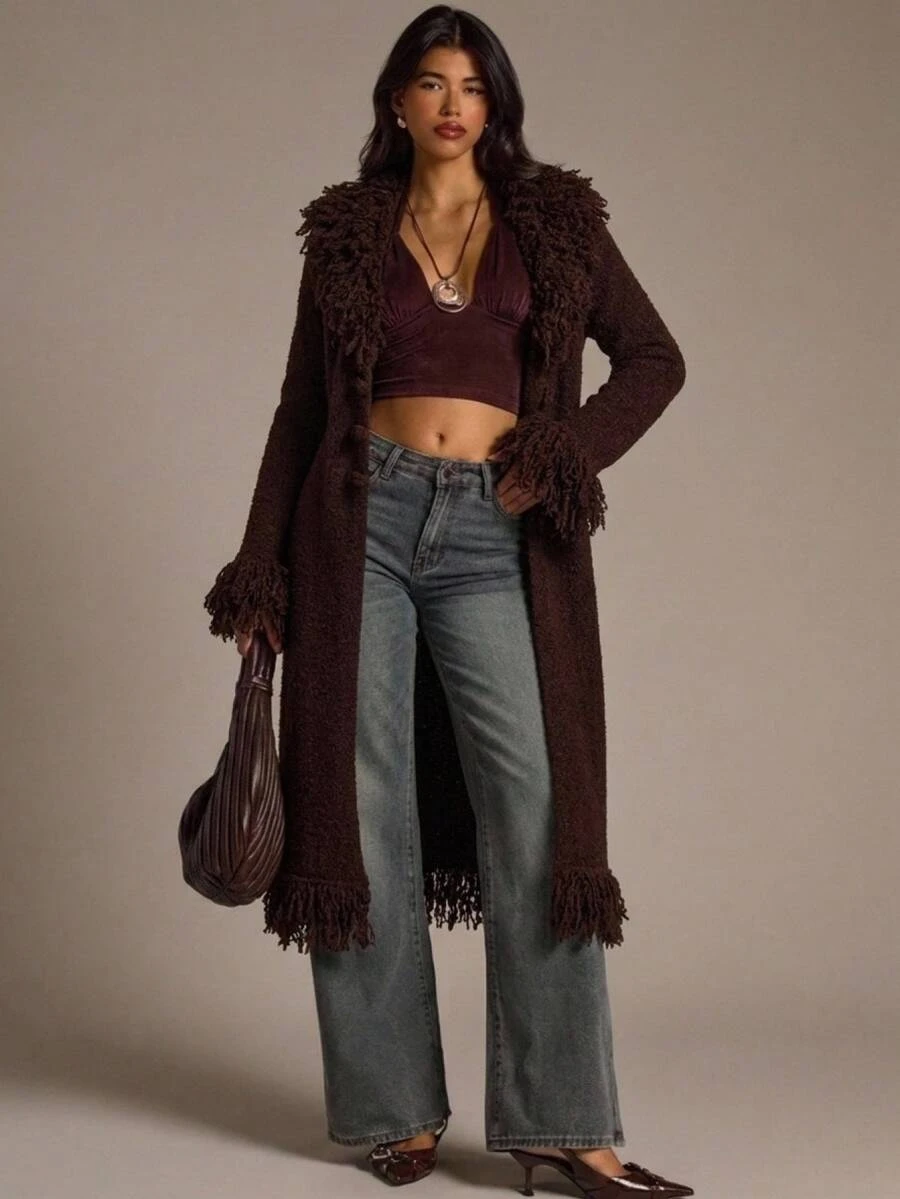 Aloruh Women's Fall New Dark Brown Tassel Fur Collar Long Cardigan With Chinese Style Buttons, Chirstmas, New Year, Casual Commute Sweater, Boho - Brown - View 1