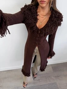 Aloruh Women's Fall New Dark Brown Tassel Fur Collar Long Cardigan With Chinese Style Buttons, Chirstmas, New Year, Casual Commute Sweater, Boho - Brown - View 8