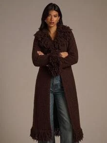 Aloruh Women's Fall New Dark Brown Tassel Fur Collar Long Cardigan With Chinese Style Buttons, Chirstmas, New Year, Casual Commute Sweater, Boho - Brown - View 3