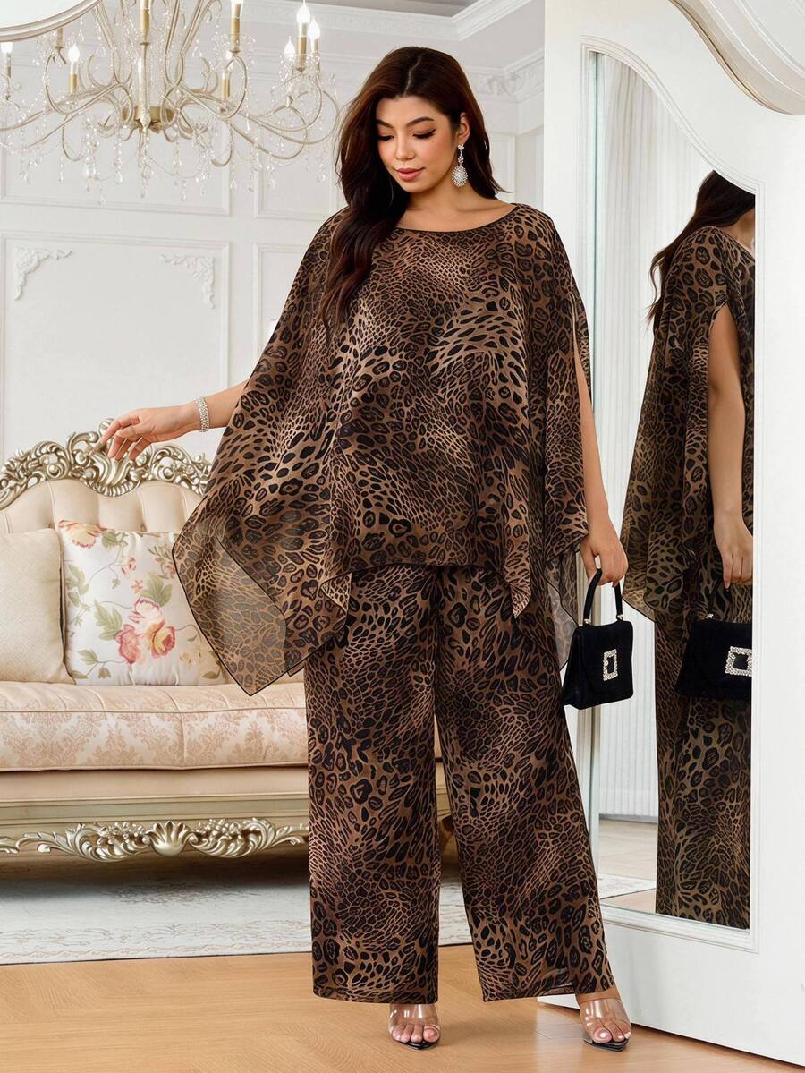 Reflora Plus Size Women's Leopard Print Top And Pants Casual Elegant Daily 2 Pieces Set Work Party Evening Outfits New Year Chic Unique Fall Brown - Brown - View 1