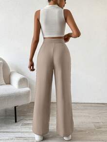 Flirla Solid Color Button & Pleated Dress Pants - Khaki - View 2