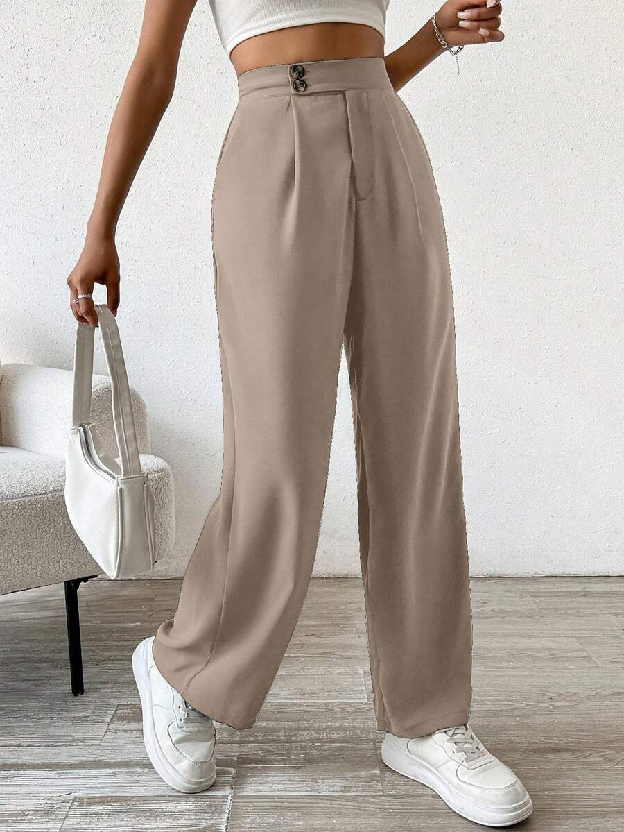 Flirla Solid Color Button & Pleated Dress Pants - Khaki - View 1