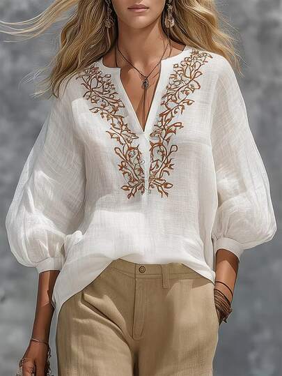 SHEIN LUNE 【印花設計】女款白色花卉夏季波西米亞度假風優雅V領七分袖亞麻質感寬鬆藝術復古純色襯衫