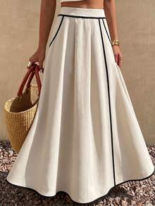 EMERY ROSE Women's Casual French Elegant Contrast Color Trim Skirt Brunch Tea Party Black And White Autumn - Apricot - View 6