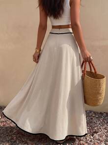 EMERY ROSE Women's Casual French Elegant Contrast Color Trim Skirt Brunch Tea Party Black And White Autumn - Apricot - View 2