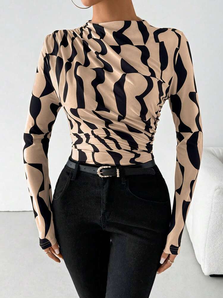 SHEIN PETITE Asymmetrical Geometric Ruched Collar Long Sleeve Casual T-Shirt For Women Graphic Tees Women Tops For Spring Fall Cloth For Women ,Petite Women - Khaki - View 5