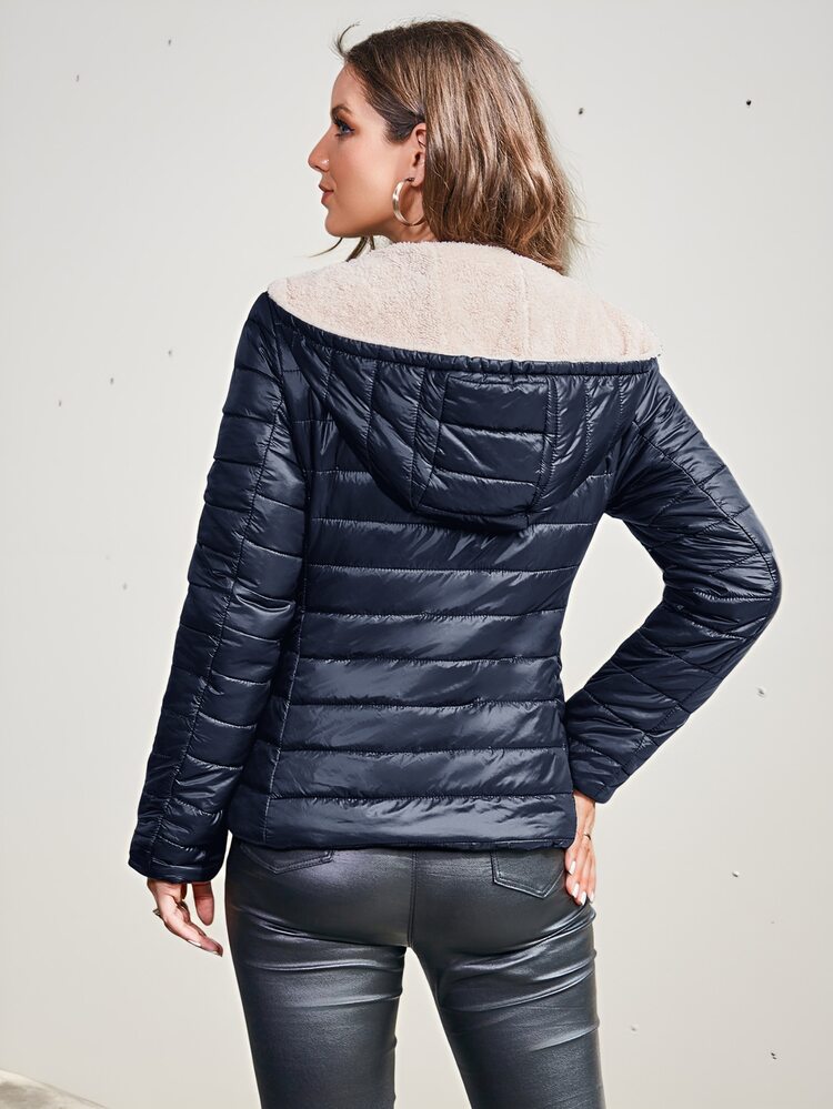 SHEIN Winter Clothes Casual Minimalist Hooded Padded Padded Coat  - Navy Blue - View 10