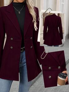 SHEIN Women's Solid Color Button Front Long Sleeve Flat Collar Simple Casual Jacket Fall Winter Cloth For Women - Burgundy - View 3