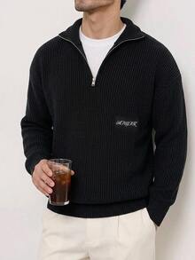Manfinity Homme Autumn/Winter New Style Half-Open Collar Cable Knit Twisted Rope Zipper Long Sleeve Pullover Essential For Outings Formal Evening Party, Ins Style, - Black - View 2