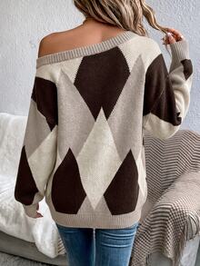 SHEIN LUNE Women's Casual Cold Shoulder Sweater, Suitable For Autumn/Winter,Sweaters For Women Springcasual,Brown Plaid - Multicolor - View 2