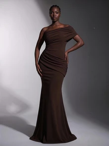 Elitara Plus-Size Elegant Classy Dark Brown Asymmetrical Pleated Fishtail Gown With Train Weddings Evening Dinner Parties Formal Fall - Coffee Brown - View 7