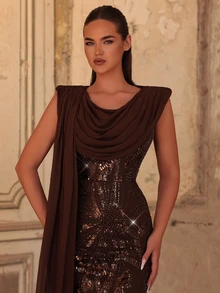 Aureia Elegant Luxurious Coffee Brown Sequin Embroidered Patchwork Chiffon Cowl Neck Flutter Sleeve Maxi Evening Gown - Coffee Brown - View 2