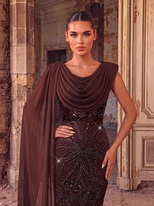 Aureia Elegant Luxurious Coffee Brown Sequin Embroidered Patchwork Chiffon Cowl Neck Flutter Sleeve Maxi Evening Gown - Coffee Brown - View 5