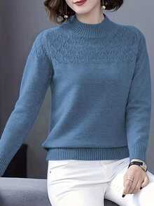 EMERY ROSE Casual Blue Sweater, Autumn/Winter,Long Sleeve Tops, Knit Pullover Fall - Blue - View 6