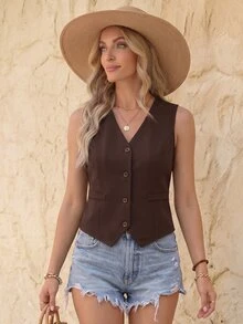 EMERY ROSE Women's Solid Color V-Neck Single-Breasted Casual Suit Vest - Brown - View 4