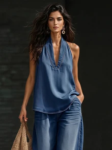 LUMIGAL Áo denim cổ yếm nữ phong cách thường ngày đi du lịch màu xanh nhạt cho mùa hè - Màu xanh lam - Xem 7
