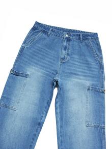 QuarKem Men's Fashion Street Casual Multi-Pocket Design Washed Denim Cargo Pants - Medium Wash - View 8