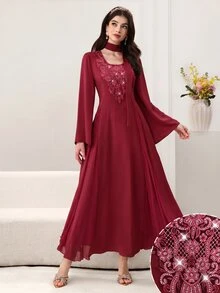 Al Najma Fall V-Neck Beaded Embroidered Floral Ruffle Mesh Splice Fitted Long Sleeve Elegant Flared Hem Women's Evening Gown Burgundy Dress - Burgundy - View 3
