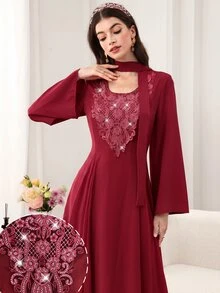 Al Najma Fall V-Neck Beaded Embroidered Floral Ruffle Mesh Splice Fitted Long Sleeve Elegant Flared Hem Women's Evening Gown Burgundy Dress - Burgundy - View 6