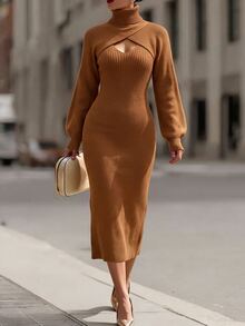 Wandoria Autumn/Winter Holiday Daily Party Elegant Casual High Neck Cross Shawl Lantern Sleeve Ribbed Knit Slit Mid-Length No Pattern Caramel Color 2 Pieces Dress Set - Brown - View 4