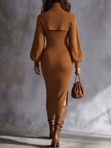 Wandoria Autumn/Winter Holiday Daily Party Elegant Casual High Neck Cross Shawl Lantern Sleeve Ribbed Knit Slit Mid-Length No Pattern Caramel Color 2 Pieces Dress Set - Brown - View 2