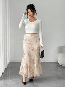 DreamSkyne Plus Size Women's Jacquard Casual Versatile Daily Wear Skirt - Apricot - View 8