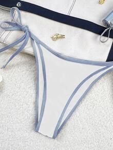 Bonvoyette Conjunto de bikini de tankini con cuello de halter y ribete de contraste, con shorts de natación con lazos laterales, adecuado para mujeres regulares, para todas las temporadas - Azul y blanco - Ver 7