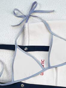 Bonvoyette Conjunto de bikini de tankini con cuello de halter y ribete de contraste, con shorts de natación con lazos laterales, adecuado para mujeres regulares, para todas las temporadas - Azul y blanco - Ver 6