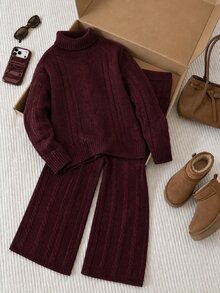 Comfortcana Wine Red Solid Color Round Neck Long Sleeve Minimalist Top And Pants Casual Plus Size Sweater Two Pieces Set Christmas - Burgundy - View 9