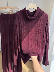 Comfortcana Wine Red Solid Color Round Neck Long Sleeve Minimalist Top And Pants Casual Plus Size Sweater Two Pieces Set Christmas - Burgundy - View 7