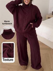 Comfortcana Wine Red Solid Color Round Neck Long Sleeve Minimalist Top And Pants Casual Plus Size Sweater Two Pieces Set Christmas - Burgundy - View 1