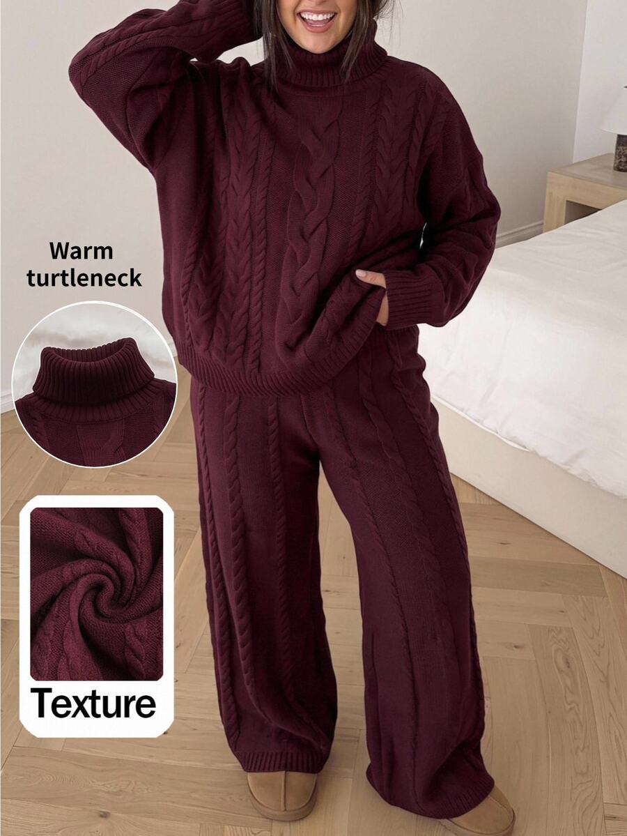 Comfortcana Wine Red Solid Color Round Neck Long Sleeve Minimalist Top And Pants Casual Plus Size Sweater Two Pieces Set Christmas - Burgundy - View 1