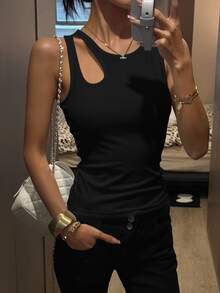 DAZY Women's Solid Color Hollow-Out Round Neck Fitted Camisole - Black - View 1