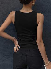 DAZY Women's Solid Color Hollow-Out Round Neck Fitted Camisole - Black - View 2