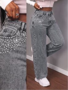 Slaydiva Plus Size Women's Rhinestone Decorated Wide Leg Casual Denim Jeans With Pockets Winter Halloween Christmas Jeans With Glitter Black Pants - Black - View 1